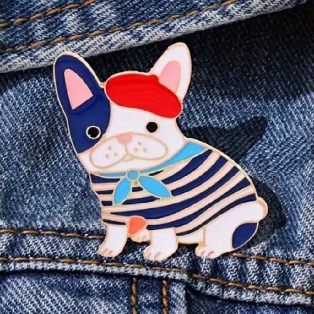 Frenchie French Bulldog in striped shirt Lapel Pin Brooch